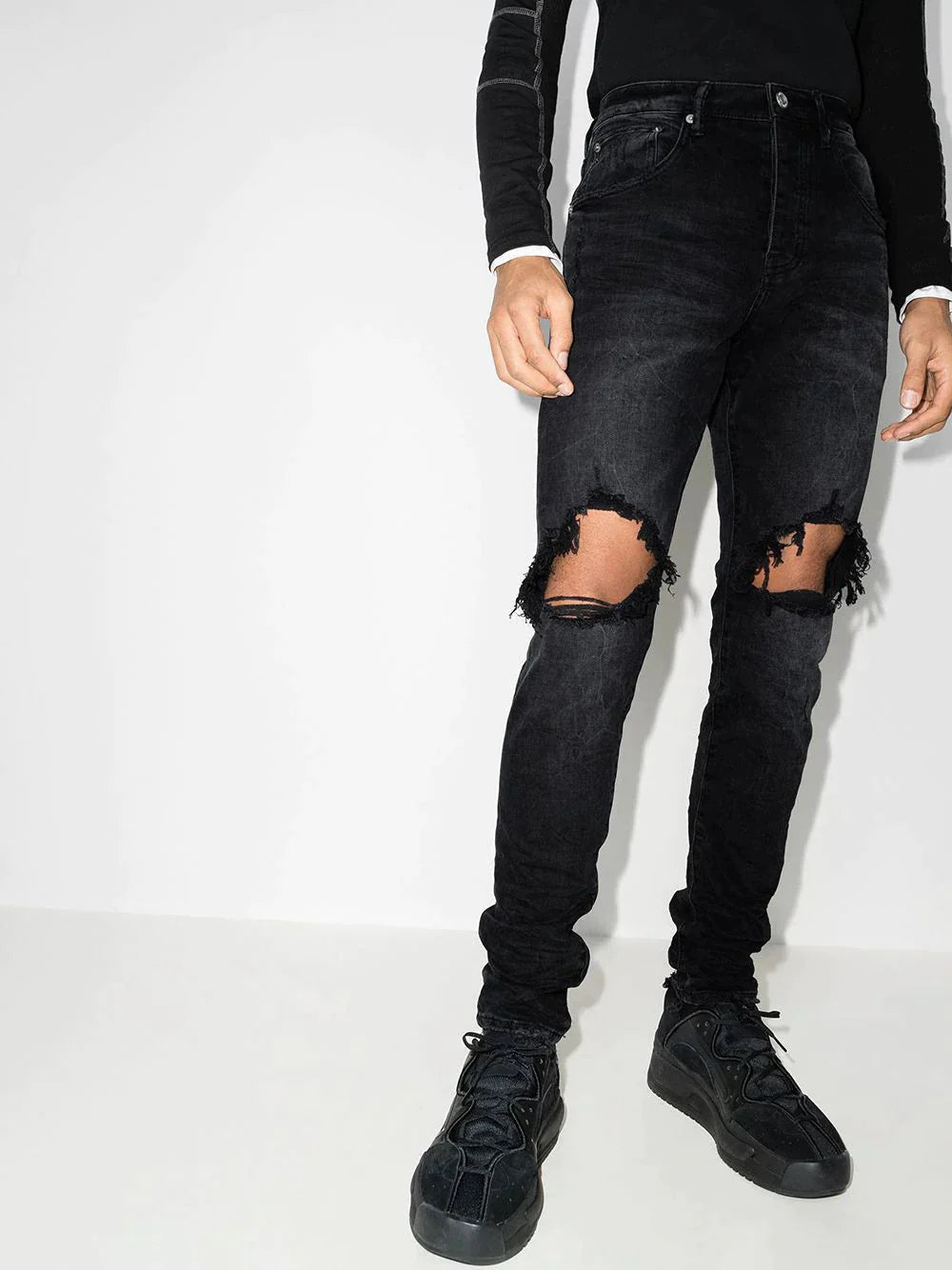 low rise "black wash blowout" slim jeans by purple brand - bottegalusso: premier destination for modern luxury menswear