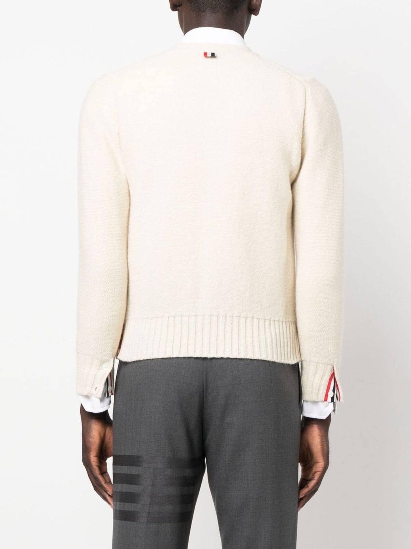 stripe detail v neck cardigan by thom browne - bottegalusso: premier destination for modern luxury menswear