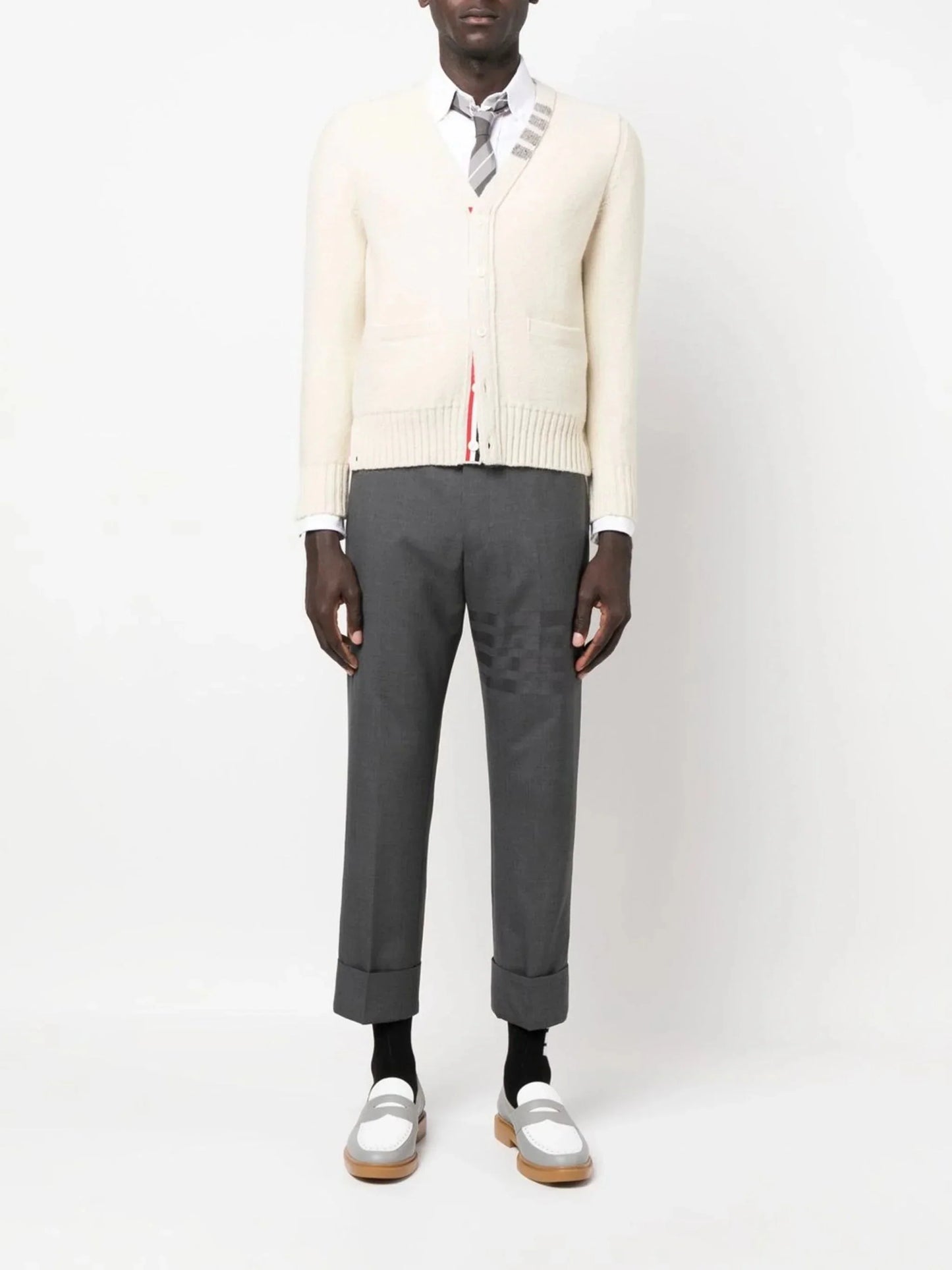 stripe detail v neck cardigan by thom browne - bottegalusso: premier destination for modern luxury menswear