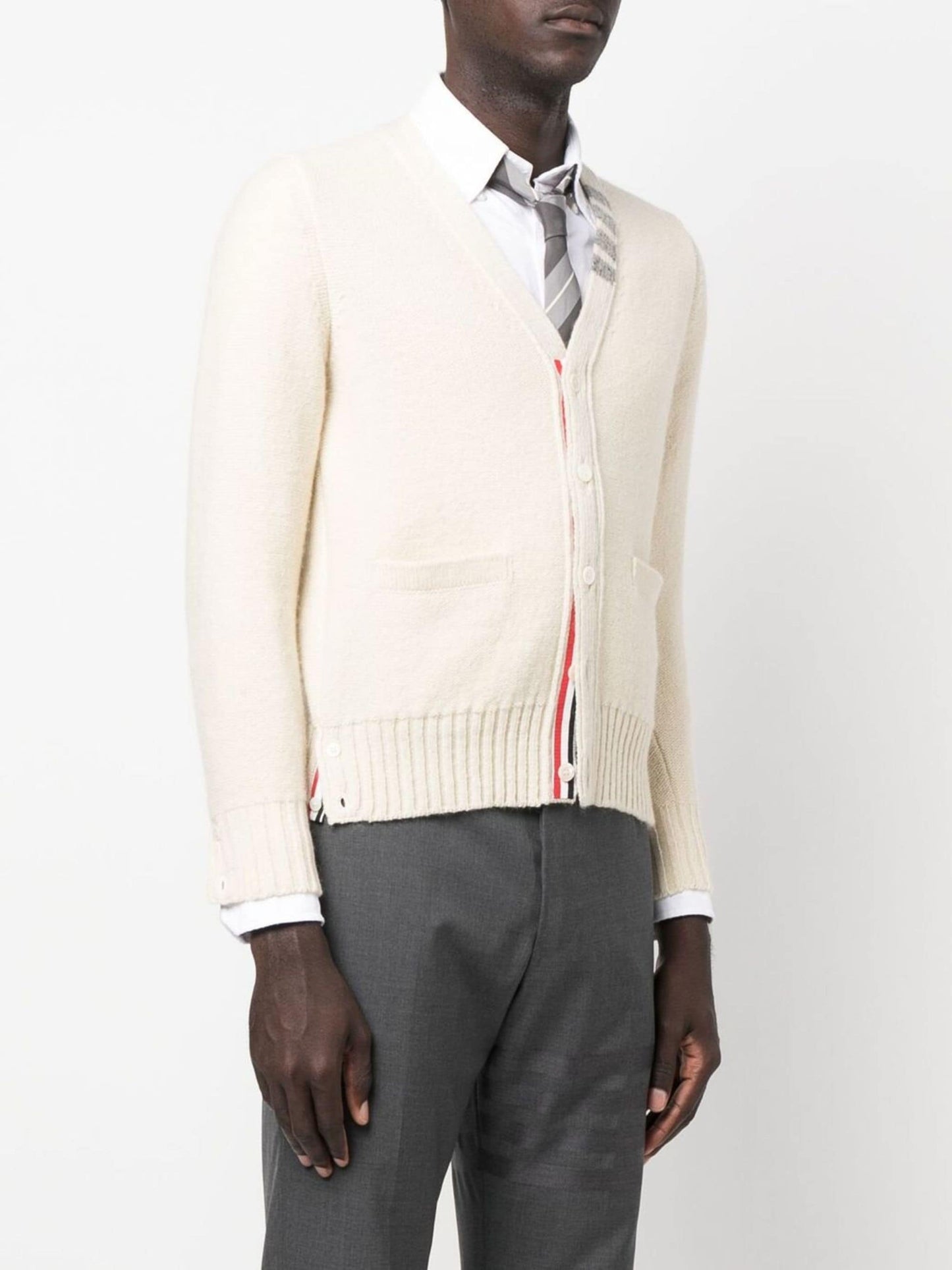 stripe detail v neck cardigan by thom browne - bottegalusso: premier destination for modern luxury menswear