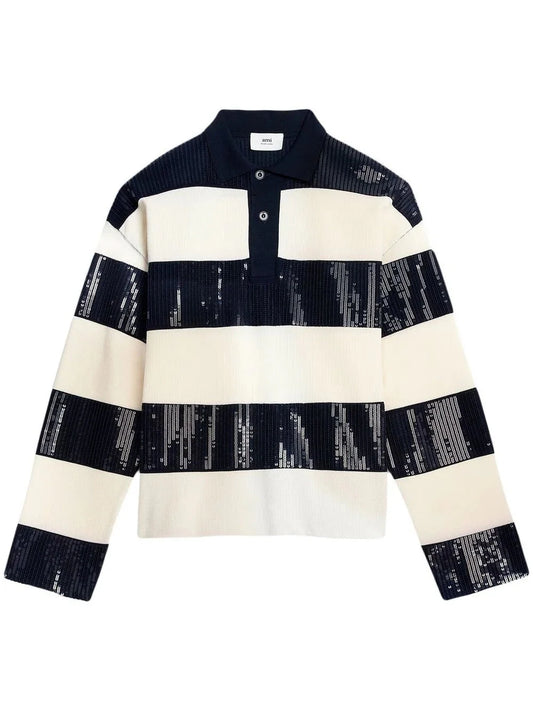 Stripe Sequin Embellished Polo Shirt by AMI Paris - bottegalusso: Premier Destination for Modern Luxury Menswear