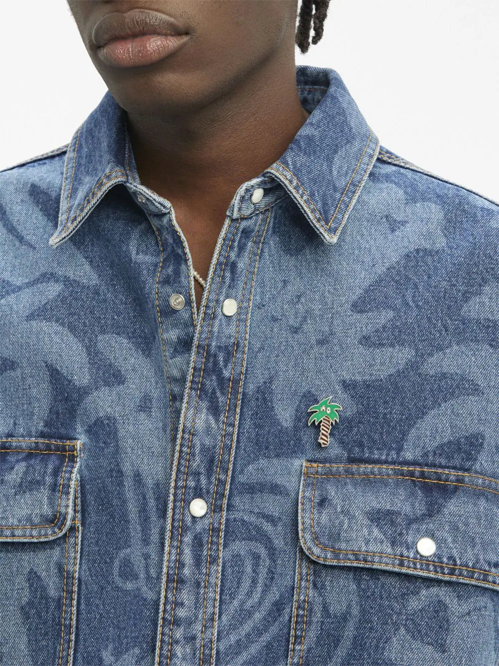 palmity laser print denim shirt by palm angels - bottegalusso: premier destination for modern luxury menswear