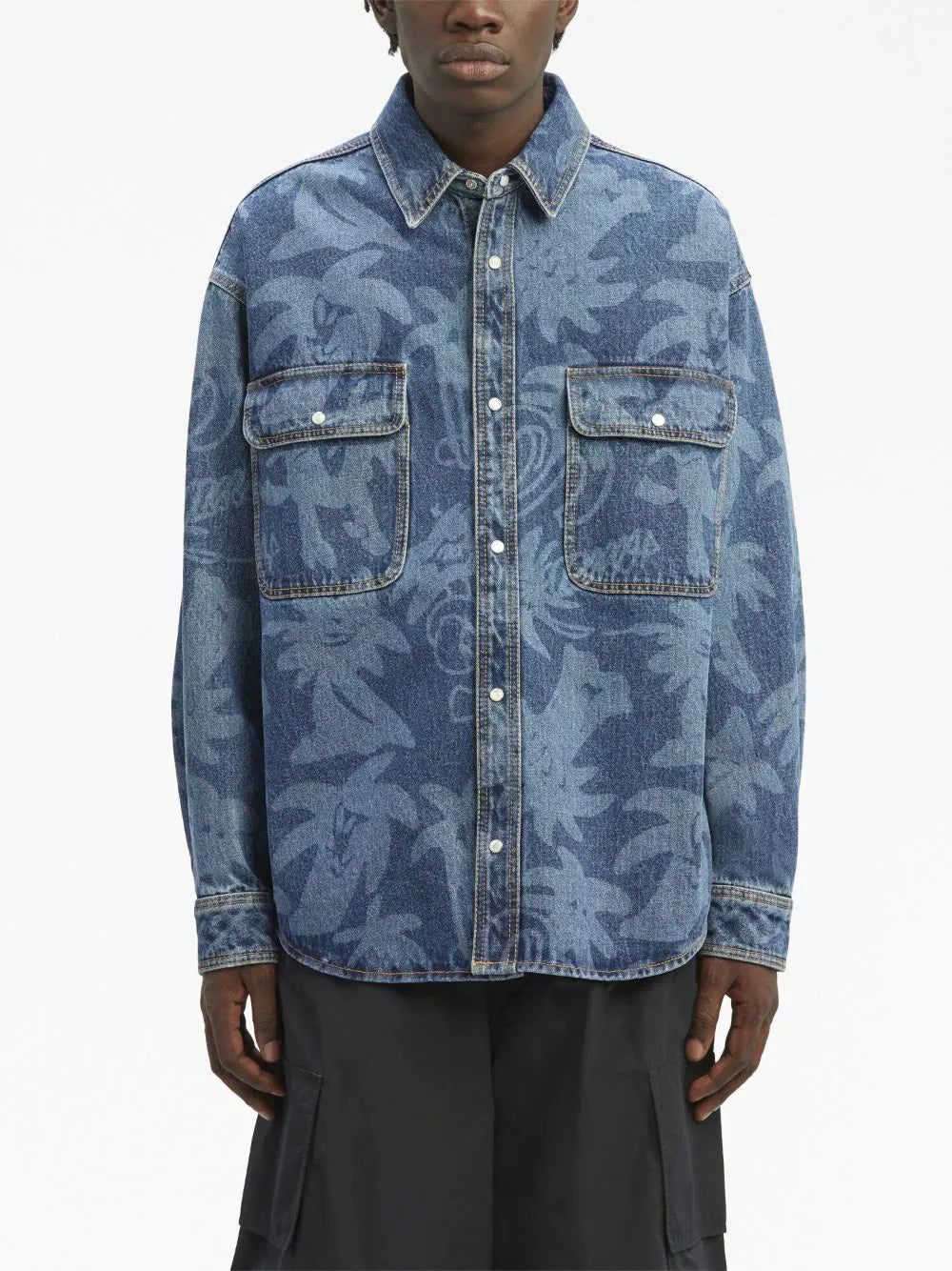 palmity laser print denim shirt by palm angels - bottegalusso: premier destination for modern luxury menswear