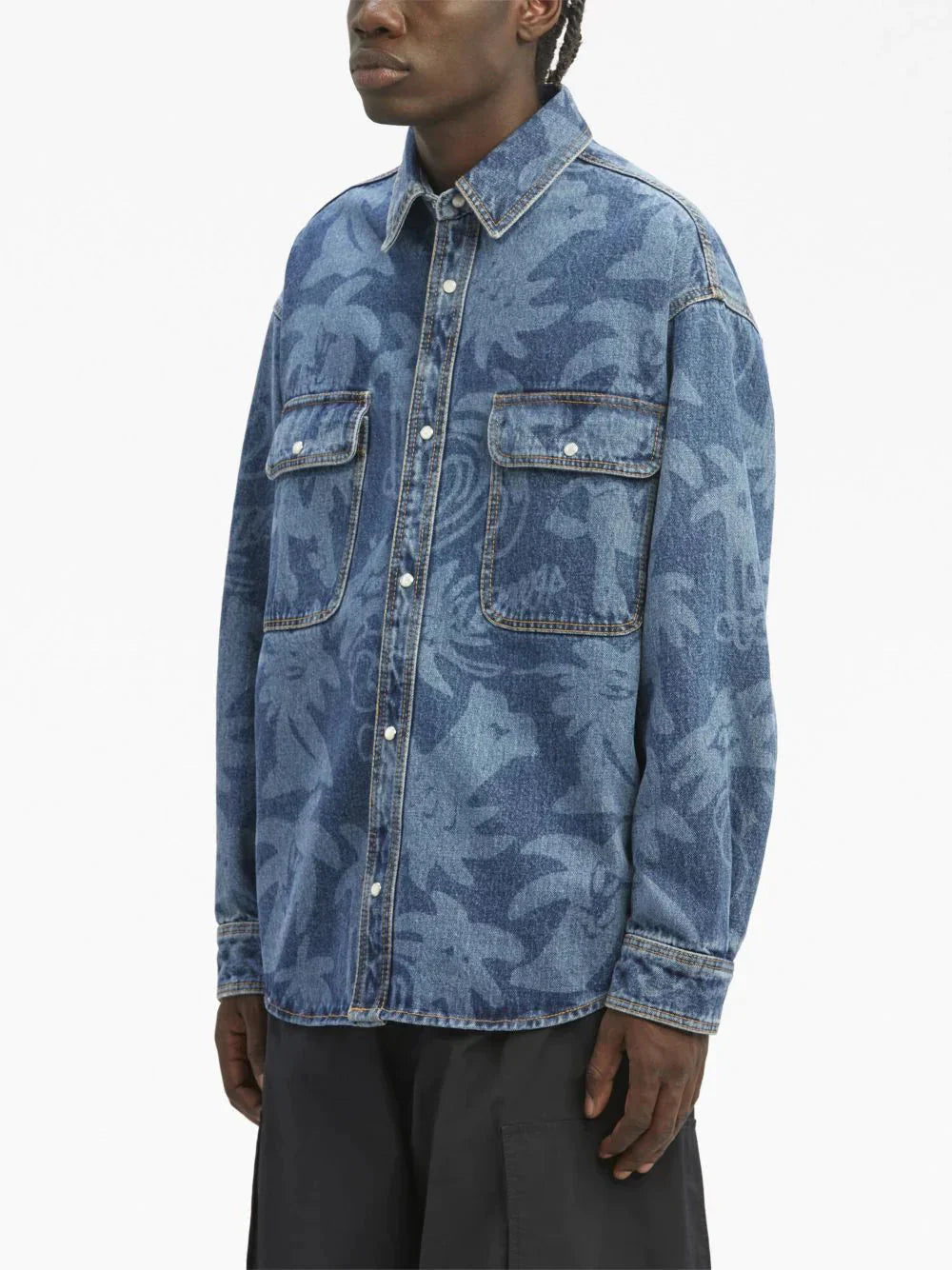 palmity laser print denim shirt by palm angels - bottegalusso: premier destination for modern luxury menswear