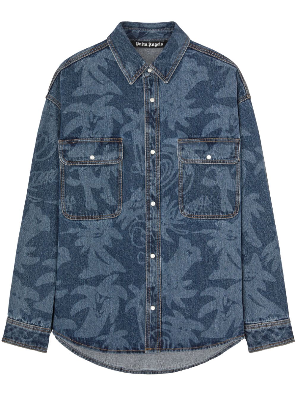 palmity laser print denim shirt by palm angels - bottegalusso: premier destination for modern luxury menswear