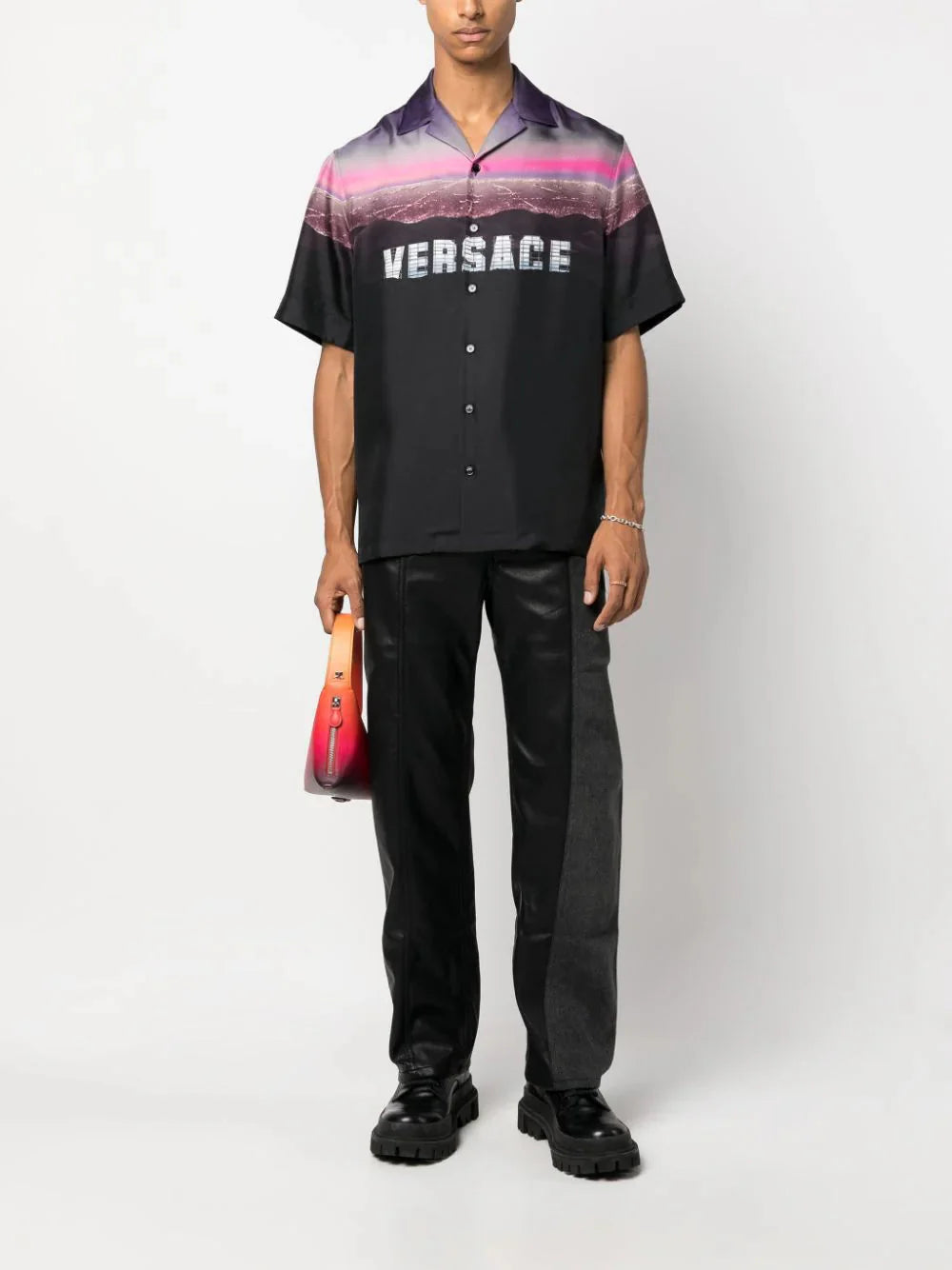 logo print silk shirt by versace - bottegalusso: premier destination for modern luxury menswear