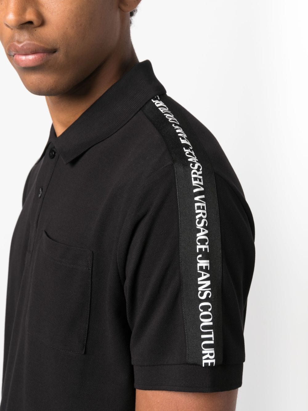 logo tape cotton polo shirt by versace jeans couture - bottegalusso: premier destination for modern luxury menswear