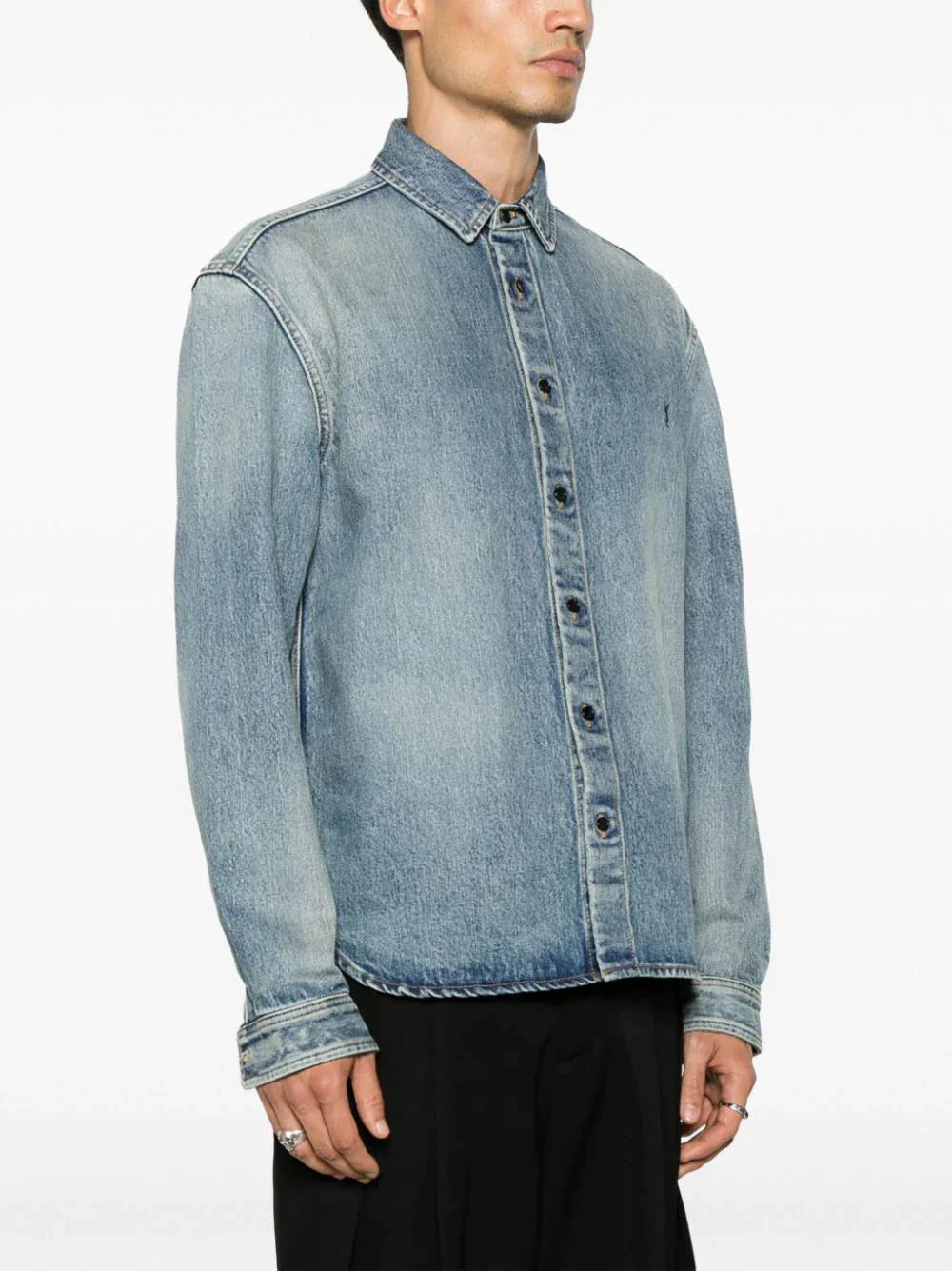 trouville logo embroidered denim shirt by saint laurent - bottegalusso: premier destination for modern luxury menswear