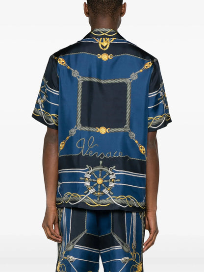 Nautical Print Short Sleeve Silk Shirt