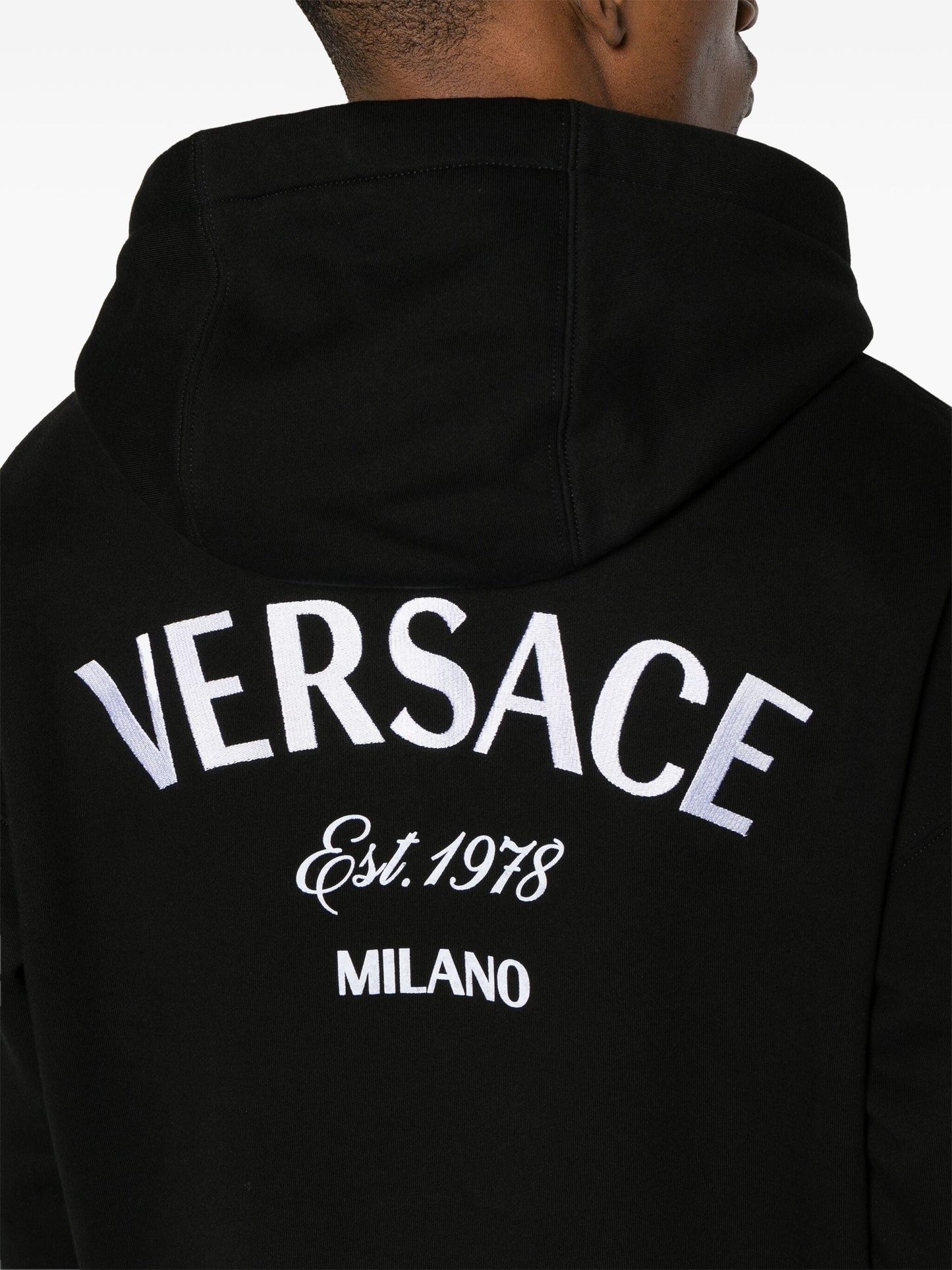 milano stamp embroidered cotton hoodie by versace - bottegalusso: premier destination for modern luxury menswear