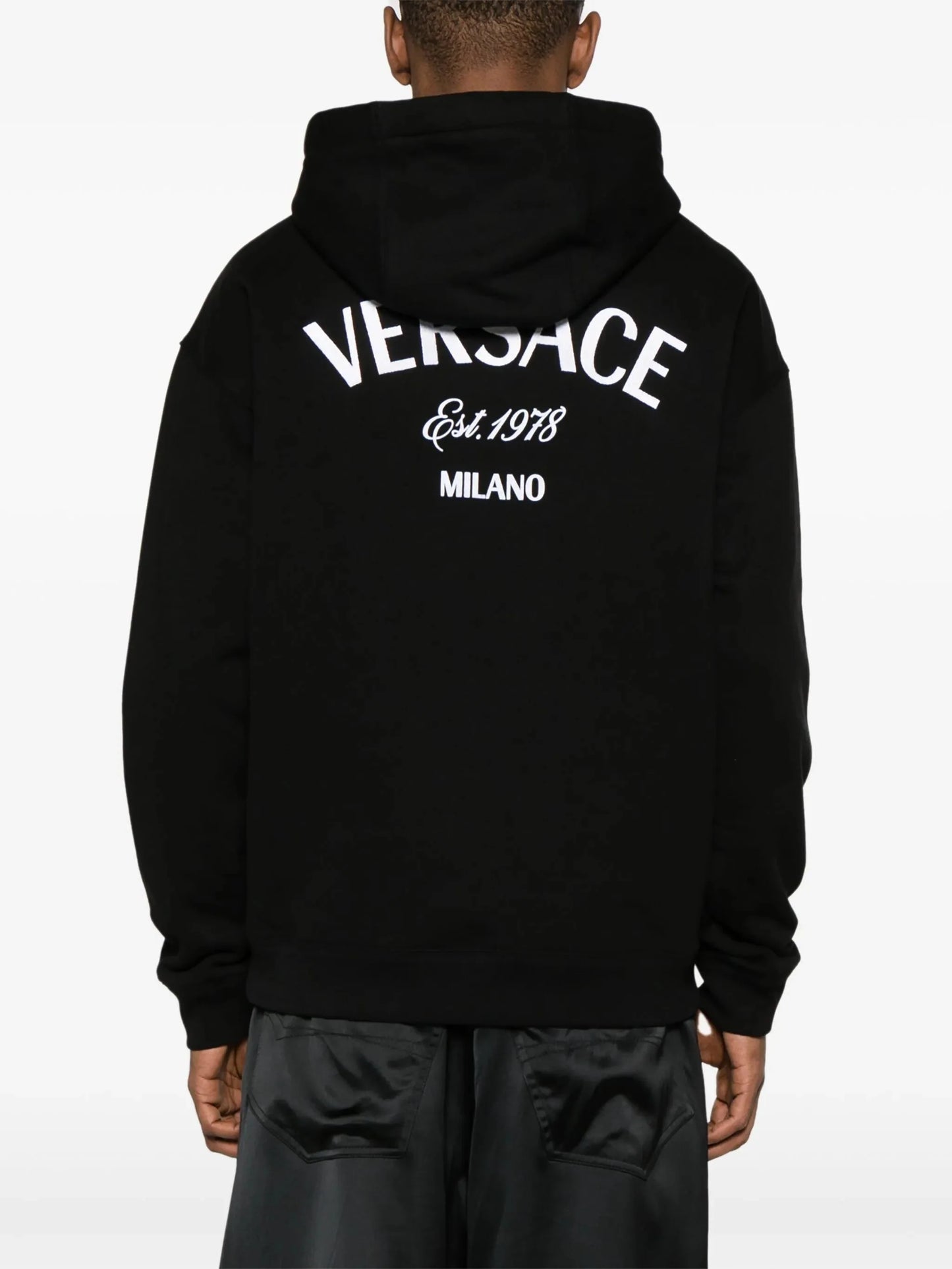 milano stamp embroidered cotton hoodie by versace - bottegalusso: premier destination for modern luxury menswear