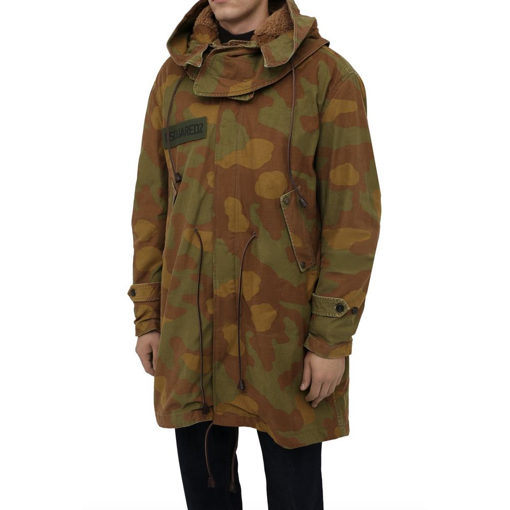 camo textured hooded parka with leather details