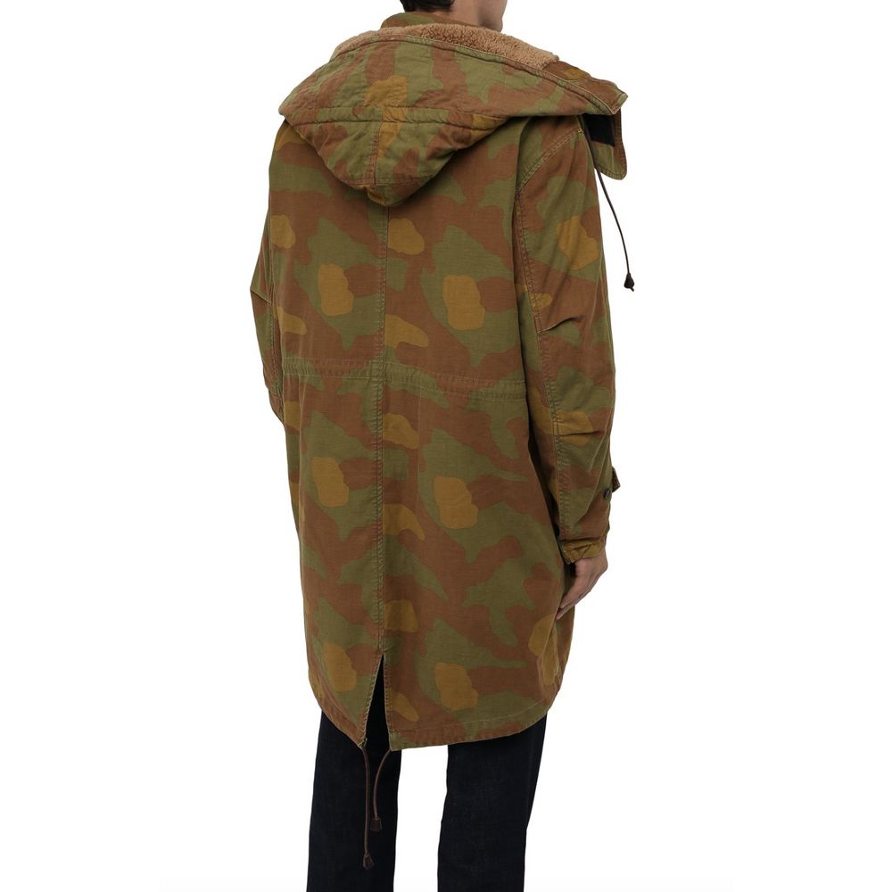 camo textured hooded parka with leather details